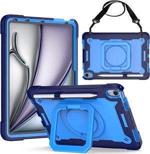 anicestore Case for iPad Air (M2) 11 inch (2024) Hybrid Shockproof 360 Rotating Multi-Functional Ring Stand Cover Bumper Case with Shoulder Straps for Apple iPad Air 11" 6th Generation -Navy Blue/Blue