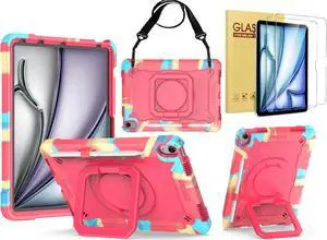 Case for Apple iPad Air 11 inch (M3/M2) with 2PCS Screen Protector - Shockproof 360 Rotating Multi-Functional Ring Stand Case with Shoulder Straps & 2PCS Tempered Glass for iPad Air 11" (Multi-Color)