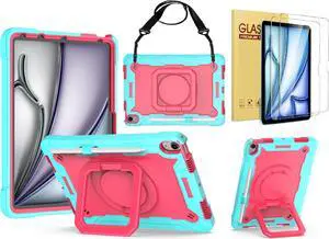 Case for Apple iPad Air 11 inch (M3/M2) with 2PCS Screen Protector - Shockproof 360 Rotating Multi-Functional Ring Stand Case with Shoulder Straps & 2PCS Tempered Glass for iPad Air 11" (Teal/Pink)