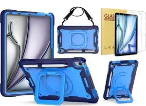 Case for Apple iPad Air 11 inch (M3/M2) with 2PCS Screen Protector - Hybrid Shockproof 360 Rotating Multi-Functional Ring Stand Case with Shoulder Straps & 2PCS Tempered Glass for iPad Air 11" (Blue)