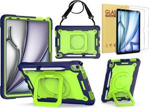 Case for iPad Air 11-inch (M2) with Screen Protector - 2024 iPad Air 11" Case Hybrid Shockproof 360 Rotating Multi-Functional Ring Stand Case with Shoulder Straps and 2PCS Tempered Glass (Blue/Green)