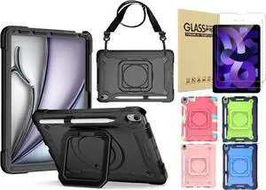 anicestore Case for iPad Air 5th Generation (2022) / iPad Air 4th Gen (2020) 10.9 Inch - Rotating Grip Stand Shockproof Rugged Cover with Shoulder Strap & 2PCS Tempered Glass Screen Protector (Black)