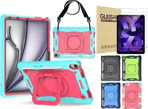 anicestore Case for iPad Air 5th Generation (2022) / iPad Air 4th Gen (2020) 10.9 Inch - Rotating Grip Stand Shockproof Rugged Cover with Shoulder Strap & 2PCS Tempered Glass Screen Protector (Cyan)