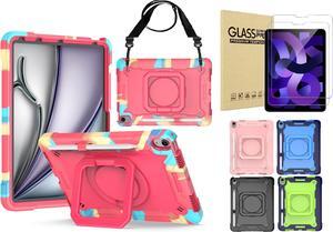 anicestore Case for iPad Air 5th Generation (2022) / iPad Air 4th Gen (2020) 10.9 Inch - Rotating Grip Stand Shockproof Rugged Cover with Shoulder Strap & 2PCS Tempered Glass Screen Protector (Pink)
