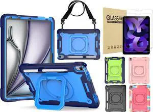anicestore Case for iPad Air 5th Generation (2022) / iPad Air 4th Gen (2020) 10.9 Inch - Rotating Grip Stand Shockproof Rugged Cover with Shoulder Strap & 2PCS Tempered Glass Screen Protector (Blue)