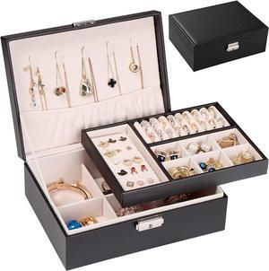 anicestore 2 Layers Jewelry Box Organizer Large Capacity Ring, Earring, Chains, Bracelets, Necklace Jewelry Organizer Box Display Storage Case with Lock Best Gifts for Women Girlfriend Wife (Black)