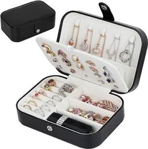 anicestore Travel Jewelry Box, PU Leather Small Jewelry Organizer for Women Girls, Portable Mini Travel Case Display Storage Holder Boxes for Stud Earrings, Rings, Necklaces, Bracelets (Black)
