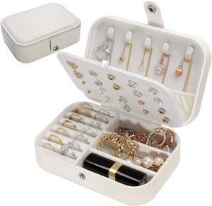 anicestore Travel Jewelry Box, PU Leather Small Jewelry Organizer for Women Girls, Portable Mini Travel Case Display Storage Holder Boxes for Stud Earrings, Rings, Necklaces, Bracelets (White)