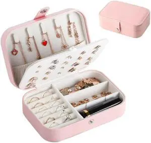 anicestore Travel Jewelry Box, PU Leather Small Jewelry Organizer for Women Girls, Portable Mini Travel Case Display Storage Holder Boxes for Stud Earrings, Rings, Necklaces, Bracelets (Pink)