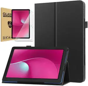 Folding Stand Cover Case for T-Mobile REVVL Tab 2 5G 10.1" (2025) Tablet with 2 Pack Screen Protector Tempered Glass Screen Saver for REVVL Tab 2 10.1 Inch Android Tablet 2025 Released (Black)