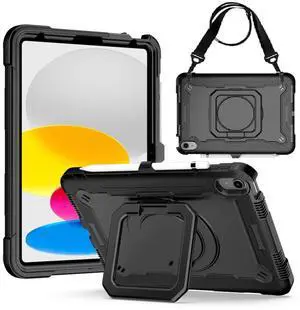 anicestore Case for Apple iPad (A16 Chip) 11th Generation 11 Inch (2025) - Shockproof Rugged Cover with 360 Degree Rotating Magic Ring Stand and Shoulder Strap for iPad 11th/10th Generation - Black
