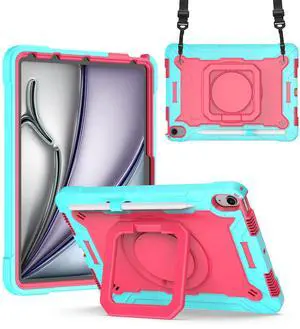anicestore Case for Apple iPad (A16 Chip) 11th Generation 11 Inch (2025) - Shockproof Rugged Cover with 360 Degree Rotating Magic Ring Stand and Shoulder Strap for iPad 11th/10th Gen - Cyan/Pink