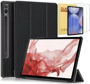 elitegadget Case for Samsung Galaxy Tab S10+ 12.4" / S9 FE+ 5G / S9+ 12.4 Inch Tablet with 2PCS Tempered Glass Screen Protector - Slim Lightweight Tri-Fold Stand Cover Auto Wake/Sleep (Black)