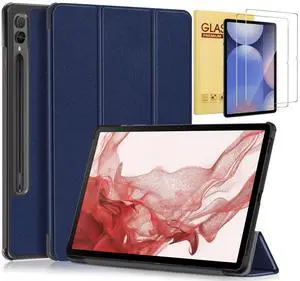 elitegadget Case for Samsung Galaxy Tab S10+ 12.4" / S9 FE+ 5G / S9+ 12.4 Inch Tablet with 2PCS Tempered Glass Screen Protector - Slim Lightweight Tri-Fold Stand Cover Auto Wake/Sleep (Blue)