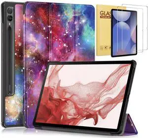 elitegadget Case for Samsung Galaxy Tab S10+ 12.4" / S9 FE+ 5G / S9+ 12.4 Inch Tablet with 2PCS Tempered Glass Screen Protector - Slim Lightweight Tri-Fold Stand Cover Auto Wake/Sleep (Galaxy)