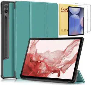 elitegadget Case for Samsung Galaxy Tab S10+ 12.4" / S9 FE+ 5G / S9+ 12.4 Inch Tablet with 2PCS Tempered Glass Screen Protector - Slim Lightweight Tri-Fold Stand Cover Auto Wake/Sleep (Black) Teal