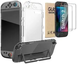 elitegadget Case for Nintendo Switch 2 (2025) with 2PCS Tempered Glass Screen Protector - Transparent Clear Slim Hard Shell Cover for Switch 2 Accessories Scratch & Shock Protection Cover for Joycon 2