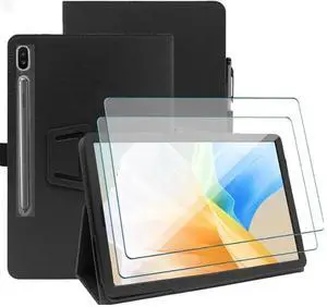 Case for Samsung Galaxy Tab S10 Lite/ S10 FE/ S9 FE 5G 10.9 Inch/Tab S9 11 Inch with 2PCS Tempered Glass Screen Protector - Lightweight Folio PU Leather Folding Stand Cover with S Pen Holder - Black