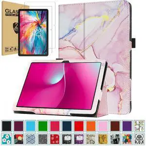 Folio Case for TCL Tab 10 NXTPAPER 5G Case with Tempered Glass Screen Protector, Slim Lightweight PU Leather Folding Stand Cover Case for TCL TAB 10 NXTPAPER 5G 10.4 Inch Model 9199S Tablet (Marble)