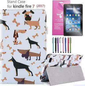 Amazon Fire 7" 2017 Case, EpicGadget(TM) 7th Generation Fire 7 Premium PU Leather Folding Folio Case with Built in Stand For Fire 7 inch (2017 Release) + 1 Screen Protector and 1 Stylus (Dogs)