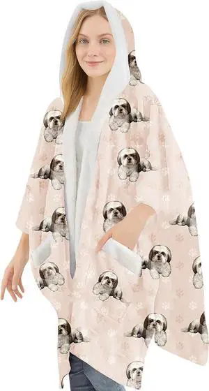 E&S Pets Snuggs Blanket Hoodie for Women Soft Fleece Wrap, Tan White Shih Tzu E&S Pets Snuggs Blanket Hoodie for Women Soft Fleece Wrap, Tan White Shih Tzu