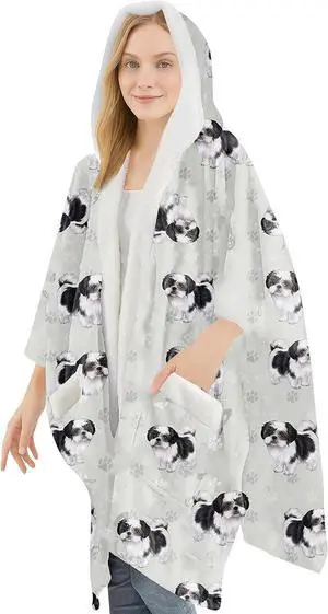 E&S Pets Snugg Blanket Hoodie for Women Soft Fleece Wrap, Black White Shih Tzu E&S Pets Snugg Blanket Hoodie for Women Soft Fleece Wrap, Black White Shih Tzu