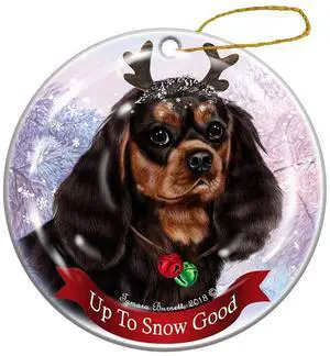Cavalier King Charles Black/Tan Reindeer Dog Porcelain Christmas Ornament Cavalier King Charles Black/Tan Reindeer Dog Porcelain Christmas Ornament