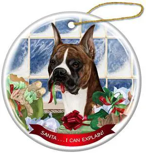 Brindle/White Boxer Cropped Dog Porcelain Ornament Santa. I Can Explain Brindle/White Boxer Cropped Dog Porcelain Ornament Santa. I Can Explain