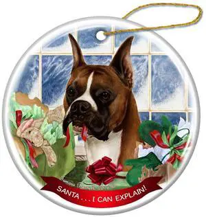 Fawn Boxer Cropped Ears Dog Porcelain Ornament 'Santa.. I Can Explain!' Fawn Boxer Cropped Ears Dog Porcelain Ornament 'Santa.. I Can Explain!'