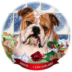 English Bulldog, Tan & White Dog Porcelain Ornament Santa I Can Explain! English Bulldog, Tan & White Dog Porcelain Ornament Santa I Can Explain!