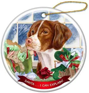 Orange and White Brittany Dog Porcelain Ornament 'Santa.. I Can Explain!' Orange and White Brittany Dog Porcelain Ornament 'Santa.. I Can Explain!'