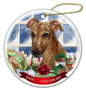 Red Brindle Greyhound Dog Porcelain Ornament Pet Gift 'Santa.. I Can Explain!' Red Brindle Greyhound Dog Porcelain Ornament Pet Gift 'Santa.. I Can Explain!'