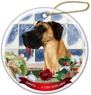 Fawn Great Dane Uncropped Dog Porcelain Ornament 'Santa.. I Can Explain!' Fawn Great Dane Uncropped Dog Porcelain Ornament 'Santa.. I Can Explain!'
