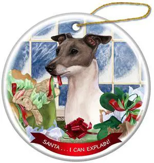 Italian Greyhound Blue and White Dog Porcelain Ornament 'Santa.. I Can Explain! Italian Greyhound Blue and White Dog Porcelain Ornament 'Santa.. I Can Explain!