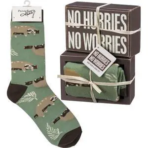 Primitives by Kathy Box Sign & Pair of Socks Set - Sloth No Hurries No Worries Primitives by Kathy Box Sign & Pair of Socks Set - Sloth No Hurries No Worries