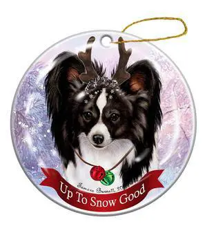 Holiday Pet Gifts Black and White Papillon Dog Porcelain Christmas Ornament Holiday Pet Gifts Black and White Papillon Dog Porcelain Christmas Ornament