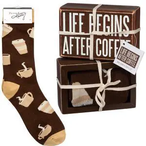 Primitives by Kathy Box Sign & Sock Set - Life Begins After Coffee Giftable Set Primitives by Kathy Box Sign & Sock Set - Life Begins After Coffee Giftable Set