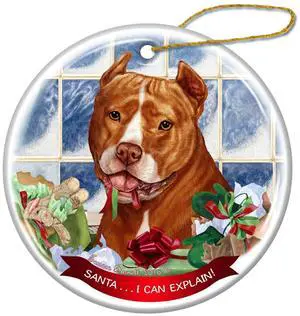 Orange and White Pit Bull Cropped Porcelain Ornament 'Santa.. I Can Explain! Orange and White Pit Bull Cropped Porcelain Ornament 'Santa.. I Can Explain!
