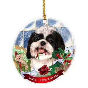 Shih Tzu Black White Santa I Can Explain Round White Porcelain Hanging Ornament Shih Tzu Black White Santa I Can Explain Round White Porcelain Hanging Ornament