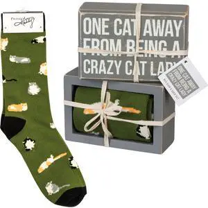 Primitives by Kathy Box Sign/Sock Set - One Cat Away from Crazy Cat Lady Primitives by Kathy Box Sign/Sock Set - One Cat Away from Crazy Cat Lady
