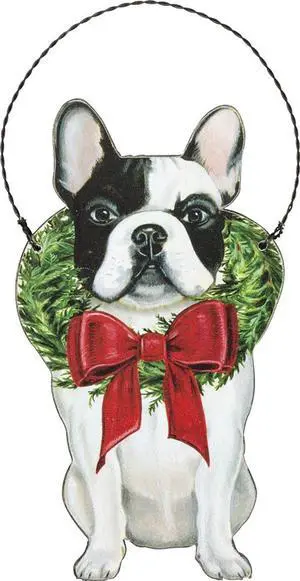 Primitives By Kathy Frenchie French Bulldog Wooden with Wreath Wooden Christmas Ornament Primitives By Kathy Frenchie French Bulldog Wooden with Wreath Wooden Christmas Ornament