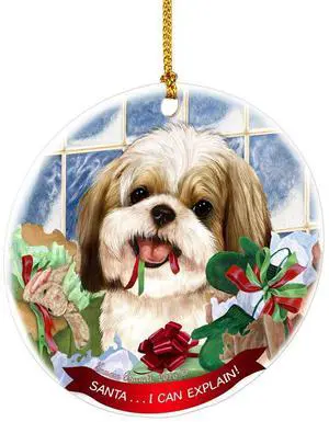 Shih Tzu Gold White Santa I Can Explain Round White Porcelain Hanging Ornament Shih Tzu Gold White Santa I Can Explain Round White Porcelain Hanging Ornament