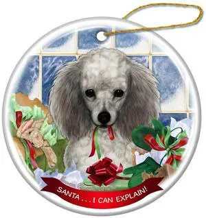 Silver Poodle Dog Porcelain Hanging Ornament Pet Gift 'Santa.. I Can Explain!' Silver Poodle Dog Porcelain Hanging Ornament Pet Gift 'Santa.. I Can Explain!'