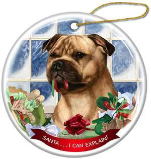 Fawn Staffordshire Bull Terrier Dog Porcelain Ornament 'Santa.. I Can Explain!' Fawn Staffordshire Bull Terrier Dog Porcelain Ornament 'Santa.. I Can Explain!'