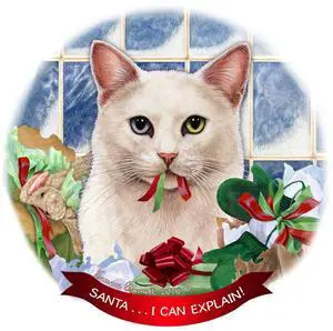 White Cat Short Haired Odd Eyed Porcelain Ornament 'Santa.. I Can Explain! White Cat Short Haired Odd Eyed Porcelain Ornament 'Santa.. I Can Explain!
