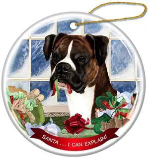 Brindle Boxer Uncropped Ears Dog Porcelain Ornament Santa I Can Explain! Brindle Boxer Uncropped Ears Dog Porcelain Ornament Santa I Can Explain!