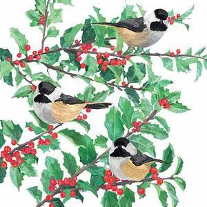 PPD "Yuletide Chickadees, White" Paper Cocktail/Beverage Napkins, PPD "Yuletide Chickadees, White" Paper Cocktail/Beverage Napkins,