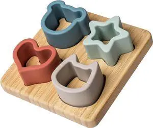 Mary Meyer Simply Silicone Sorting Puzzle with Bamboo Base, 4" x 4", 12 Months+ Mary Meyer Simply Silicone Sorting Puzzle with Bamboo Base, 4" x 4", 12 Months+