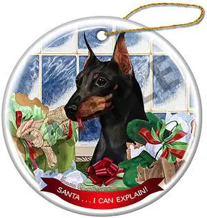 Black and Tan Mini Pinscher Cropped Porcelain Ornament 'Santa.. I Can Explain!' Black and Tan Mini Pinscher Cropped Porcelain Ornament 'Santa.. I Can Explain!'