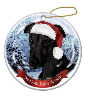 Holiday Pet Gifts Black Greyhound Santa Hat Dog Porcelain Christmas Ornament Holiday Pet Gifts Black Greyhound Santa Hat Dog Porcelain Christmas Ornament